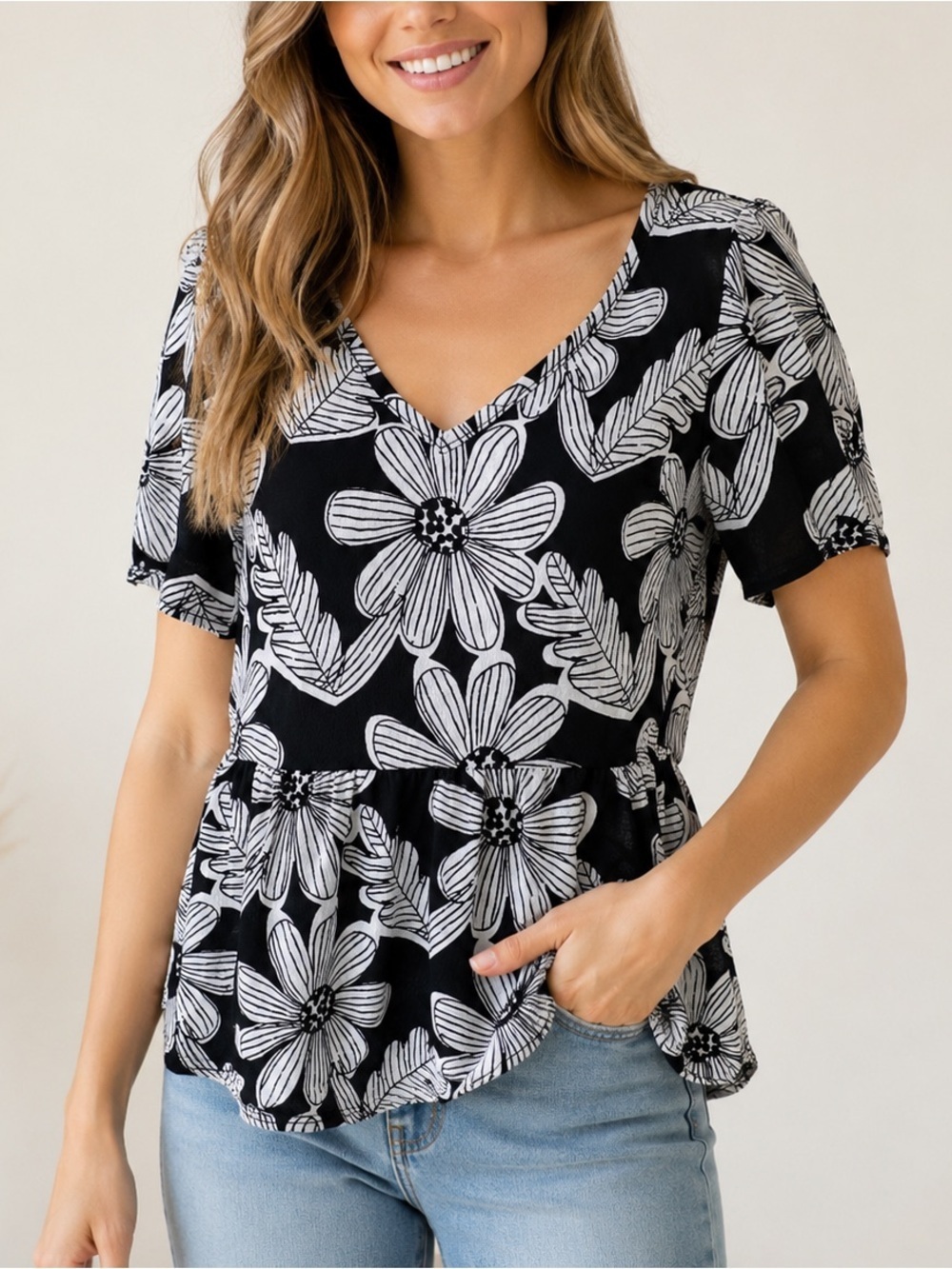 Rokoko by Dazz Black & White Floral Blouse | Minimal Chic Peplum Top | Size S